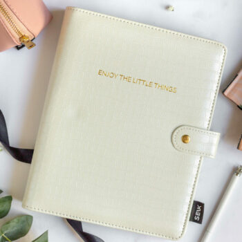 Ring binder from premium faux leather A5 – Happy Calendar planner 2025/26 (white)